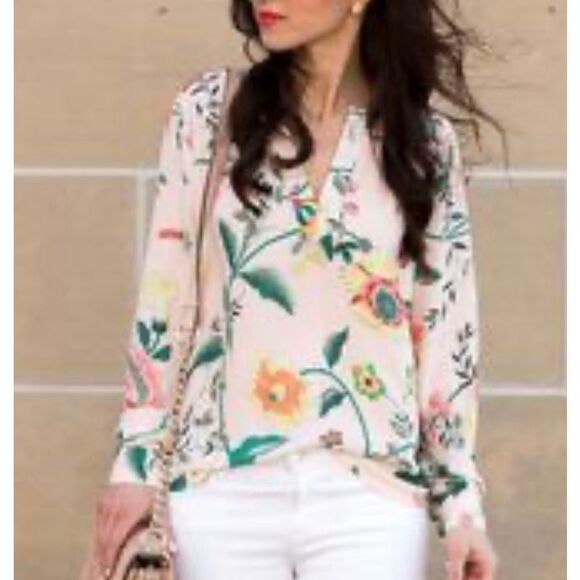 Loft pink floral notch neck blouse size small petite - Picture 1 of 10